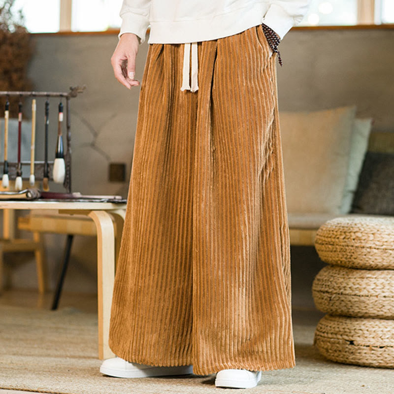 Buddha Stones Commute Plain Drawstring Men's Wide Leg Cotton Corduroy Pants With Pockets - image 7