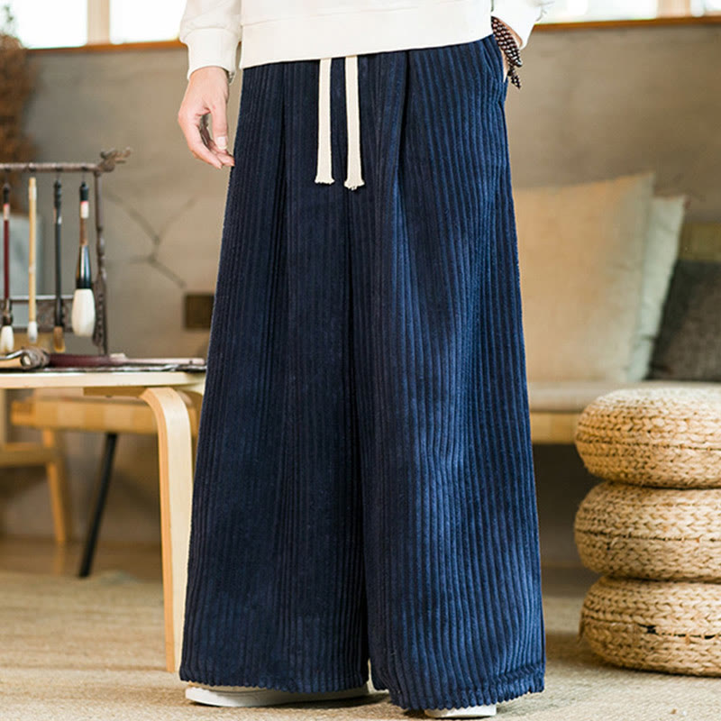 Buddha Stones Commute Plain Drawstring Men's Wide Leg Cotton Corduroy Pants With Pockets - image 17
