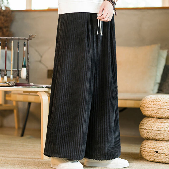 Buddha Stones Commute Plain Drawstring Men's Wide Leg Cotton Corduroy Pants With Pockets - image 3