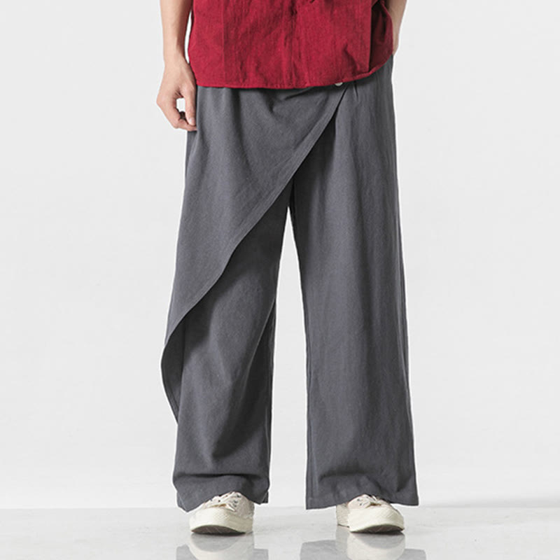 Buddha Stones Asymmetrical Patched Design Plain Men's Cotton Pants With Pockets - image 3