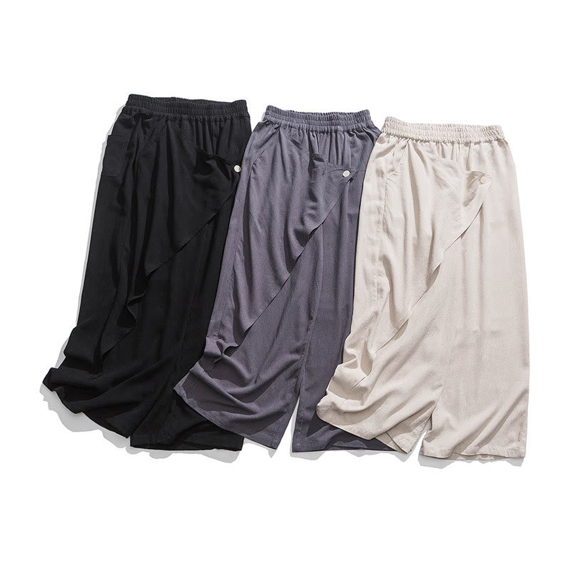 Buddha Stones Asymmetrical Patched Design Plain Men's Cotton Pants With Pockets - image 32