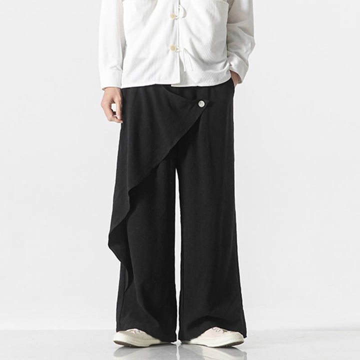 Buddha Stones Asymmetrical Patched Design Plain Men's Cotton Pants With Pockets - image 14