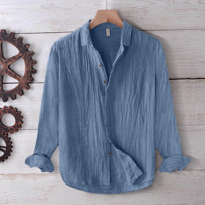 Buddha Stones Men's Shirt Solid Color Lapel Top Long Sleeve Comfy Button Crease Cotton Linen Shirt - CornflowerBlue - US/UK/AU50,EU60 (5XL) - image 0