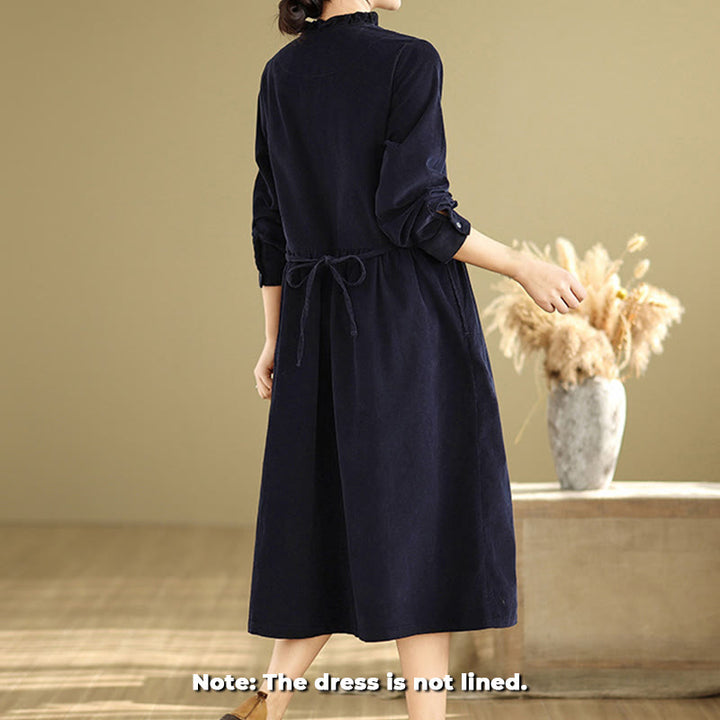 Buddha Stones Lace-Up Design Ruffled Crew Neck Cotton Corduroy Long Sleeve Midi Dress With Pockets - image 1