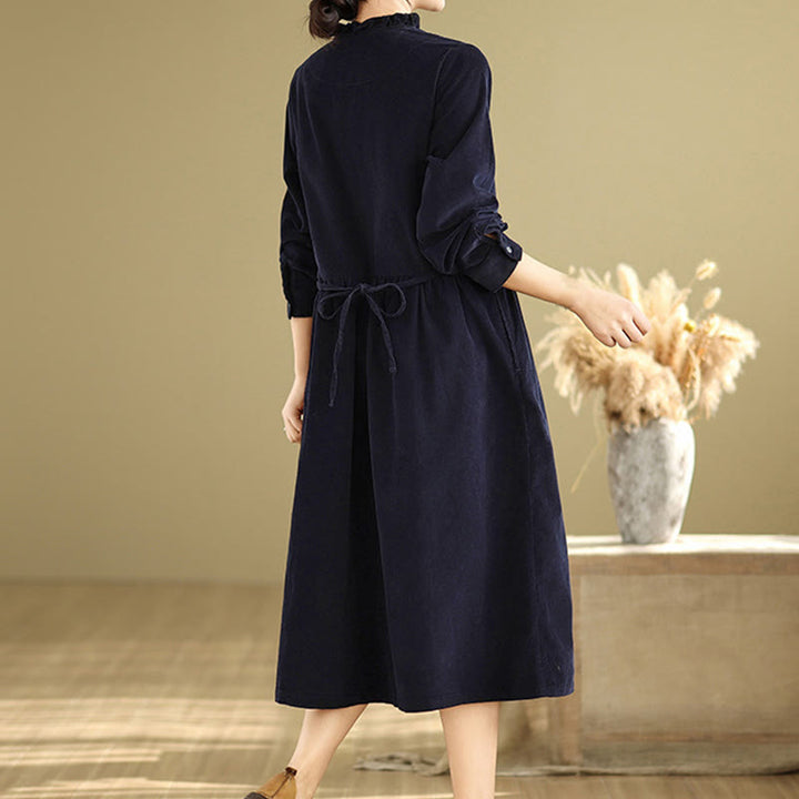Buddha Stones Lace-Up Design Ruffled Crew Neck Cotton Corduroy Long Sleeve Midi Dress With Pockets - image 4