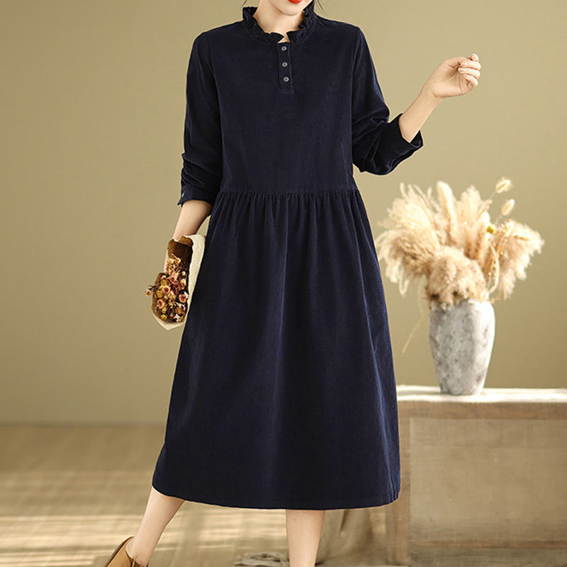 Buddha Stones Lace-Up Design Ruffled Crew Neck Cotton Corduroy Long Sleeve Midi Dress With Pockets - image 2