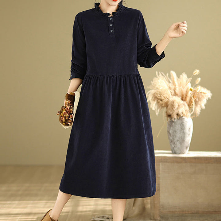 Buddha Stones Lace-Up Design Ruffled Crew Neck Cotton Corduroy Long Sleeve Midi Dress With Pockets - image 2