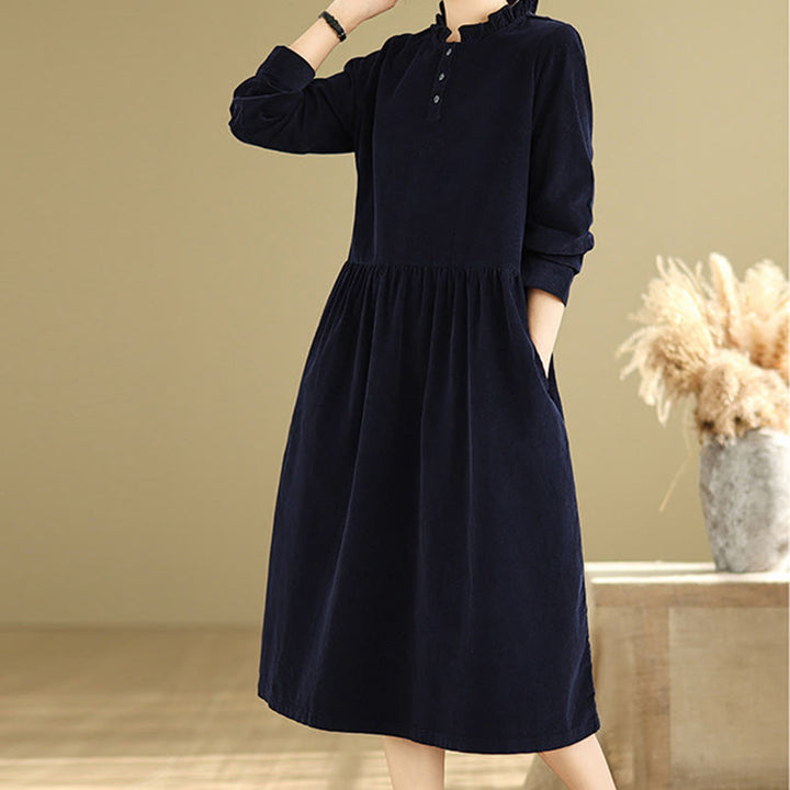 Buddha Stones Lace-Up Design Ruffled Crew Neck Cotton Corduroy Long Sleeve Midi Dress With Pockets - image 5