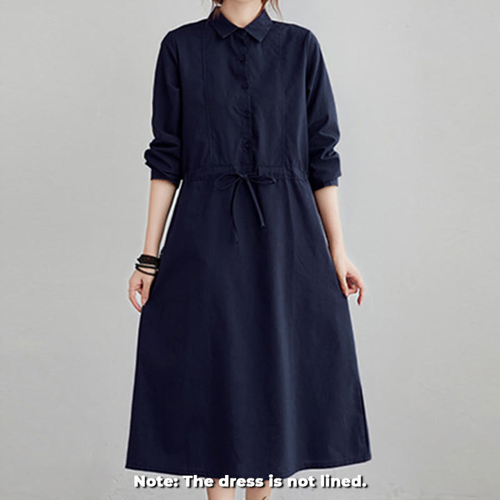 Buddha Stones Fall Solid Color Lace-Up Design Lapel Long Sleeve Cotton Midi Dress With Pockets - image 1