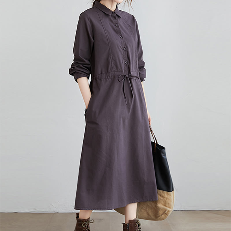 Buddha Stones Fall Solid Color Lace-Up Design Lapel Long Sleeve Cotton Midi Dress With Pockets - image 12