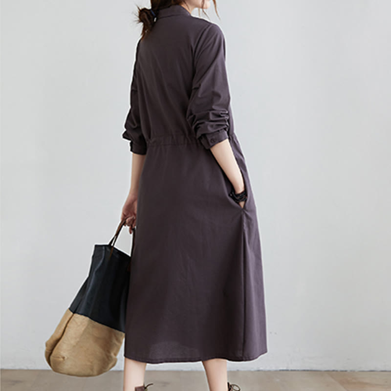 Buddha Stones Fall Solid Color Lace-Up Design Lapel Long Sleeve Cotton Midi Dress With Pockets - image 13