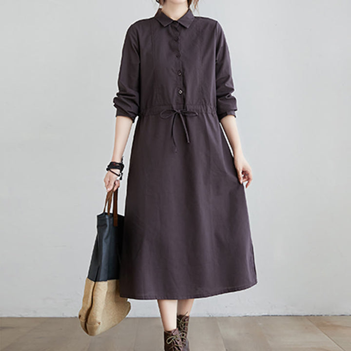 Buddha Stones Fall Solid Color Lace-Up Design Lapel Long Sleeve Cotton Midi Dress With Pockets - image 9
