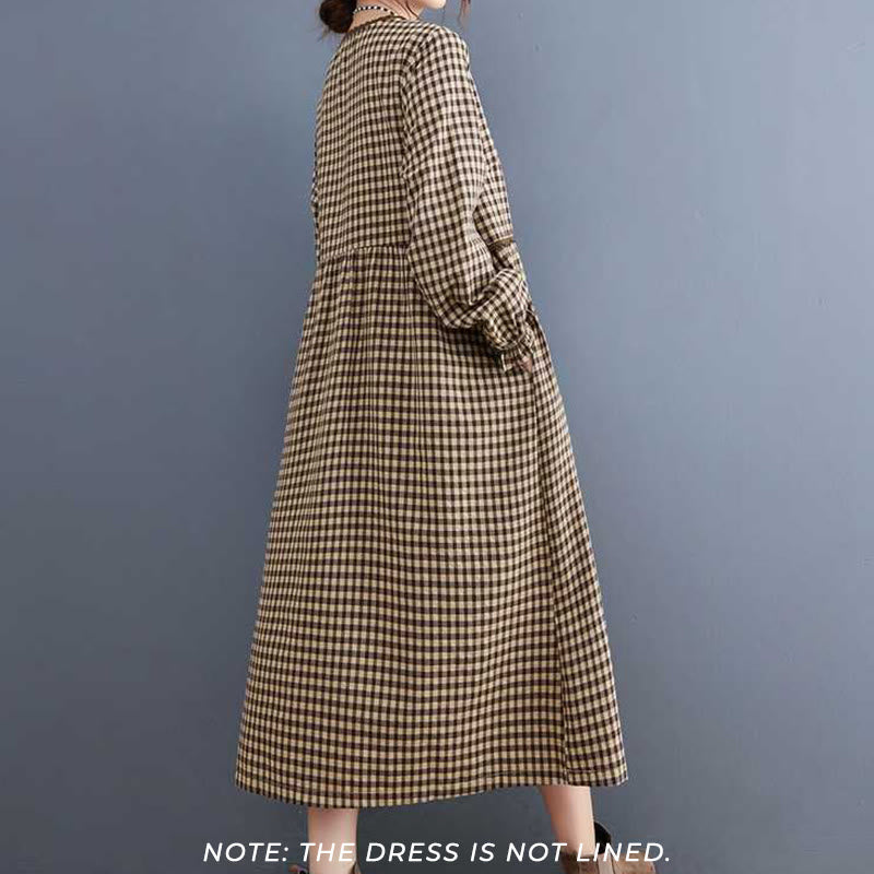 Buddha Stones Fall Plaid Pattern Ruffled Crew Neck Design Cotton Long Sleeve Midi Dress With Pockets - image 1