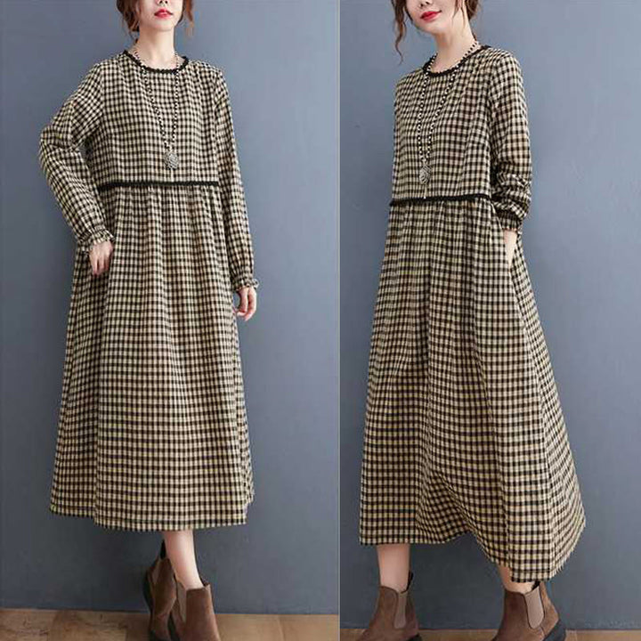 Buddha Stones Fall Plaid Pattern Ruffled Crew Neck Design Cotton Long Sleeve Midi Dress With Pockets - image 11