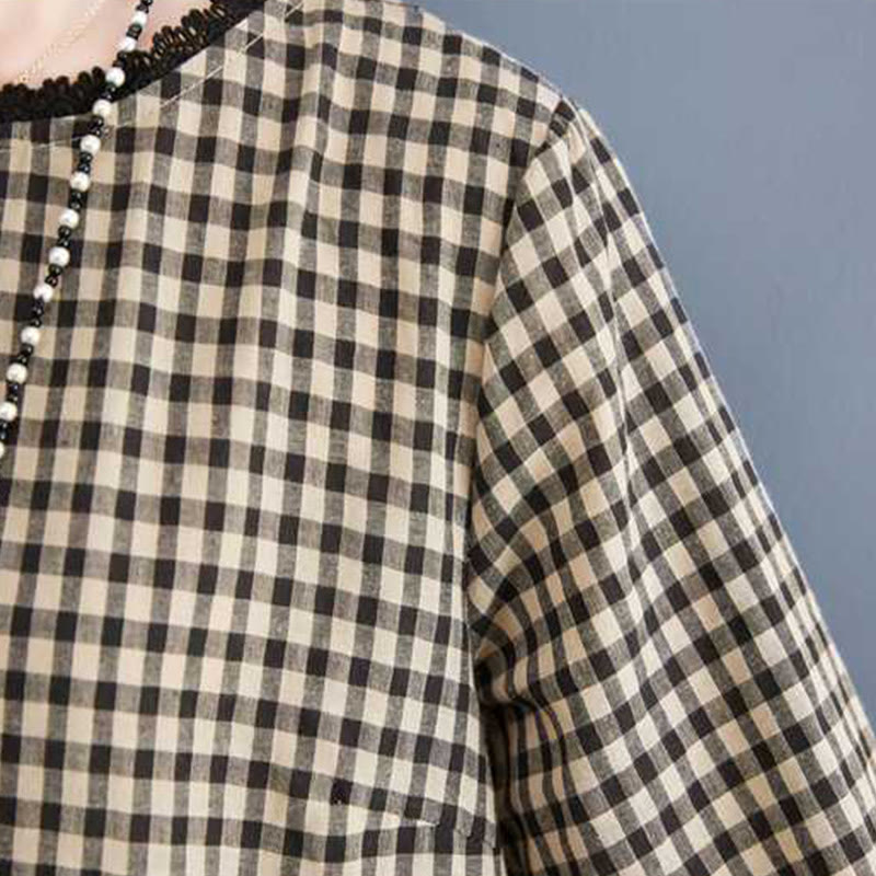 Buddha Stones Fall Plaid Pattern Ruffled Crew Neck Design Cotton Long Sleeve Midi Dress With Pockets - image 14