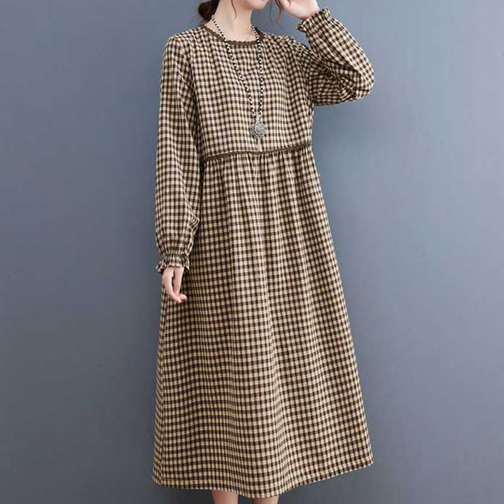 Buddha Stones Fall Plaid Pattern Ruffled Crew Neck Design Cotton Long Sleeve Midi Dress With Pockets - SaddleBrown - US8-10,UK/AU12-14,EU40-42 (2XL) - image 0