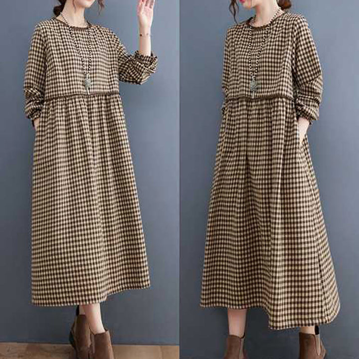 Buddha Stones Fall Plaid Pattern Ruffled Crew Neck Design Cotton Long Sleeve Midi Dress With Pockets - image 5