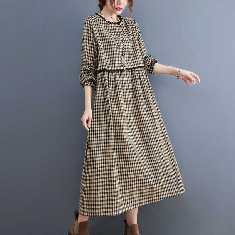 Buddha Stones Fall Plaid Pattern Ruffled Crew Neck Design Cotton Long Sleeve Midi Dress With Pockets - Black - US8-10,UK/AU12-14,EU40-42 (2XL) - image 6