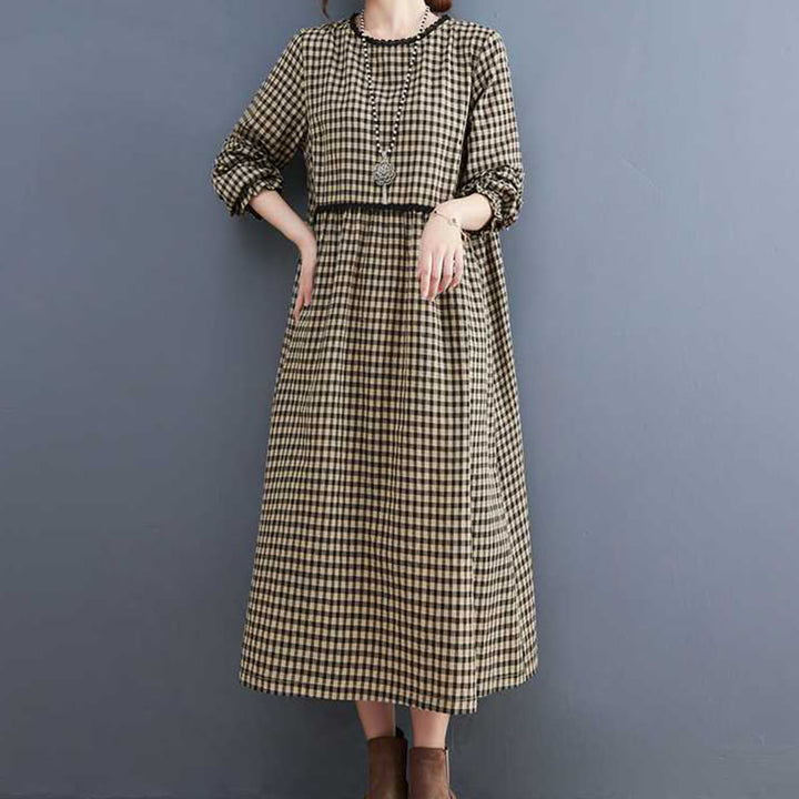 Buddha Stones Fall Plaid Pattern Ruffled Crew Neck Design Cotton Long Sleeve Midi Dress With Pockets - image 8