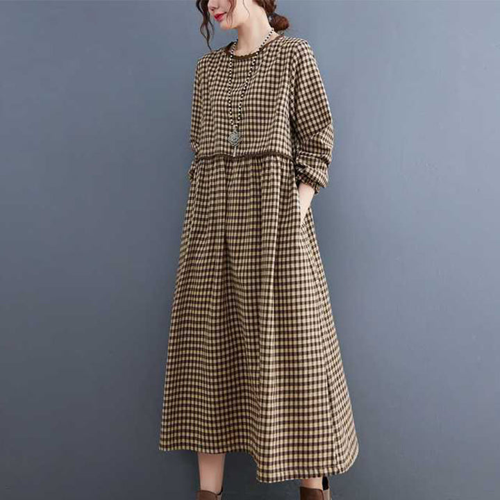 Buddha Stones Fall Plaid Pattern Ruffled Crew Neck Design Cotton Long Sleeve Midi Dress With Pockets - image 2