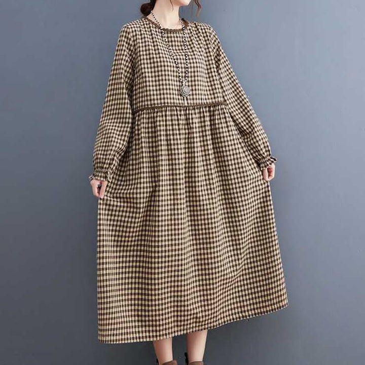 Buddha Stones Fall Plaid Pattern Ruffled Crew Neck Design Cotton Long Sleeve Midi Dress With Pockets - image 3