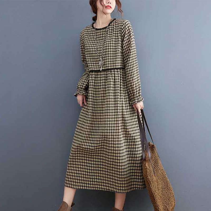 Buddha Stones Fall Plaid Pattern Ruffled Crew Neck Design Cotton Long Sleeve Midi Dress With Pockets - image 10