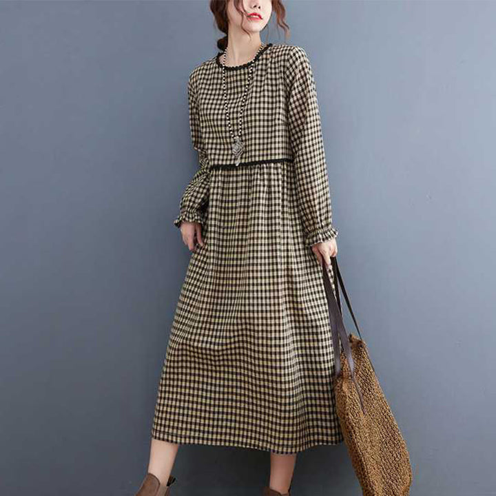 Buddha Stones Fall Plaid Pattern Ruffled Crew Neck Design Cotton Long Sleeve Midi Dress With Pockets - image 10