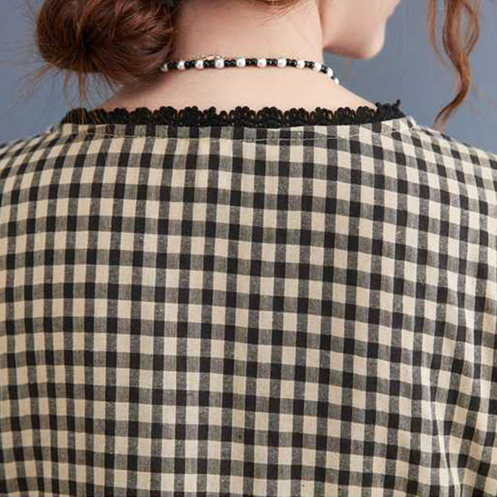 Buddha Stones Fall Plaid Pattern Ruffled Crew Neck Design Cotton Long Sleeve Midi Dress With Pockets - image 13