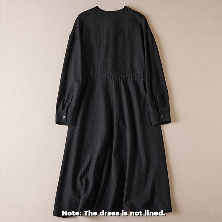 Buddha Stones Pure Color Notched Collar Drawstring Cotton Long Sleeve Midi Dress With Pockets - image 1