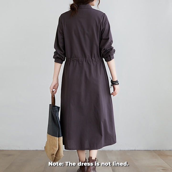 Buddha Stones Fall Solid Color Lace-Up Design Lapel Long Sleeve Cotton Midi Dress With Pockets - image 6