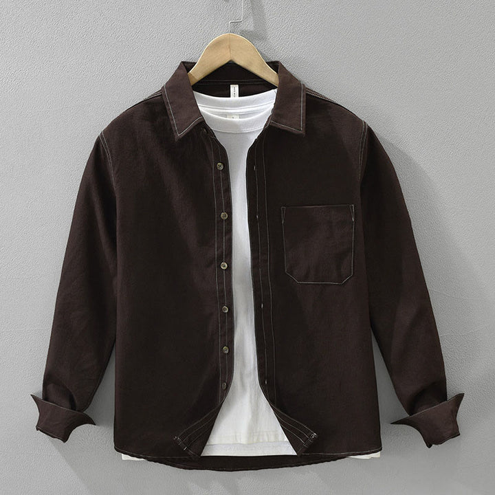 Buddha Stones Commute Buttons Long Sleeve Plain Shirt Men Clothing With Pocket - SaddleBrown - US/UK/AU42,EU52 (3XL) - image 0