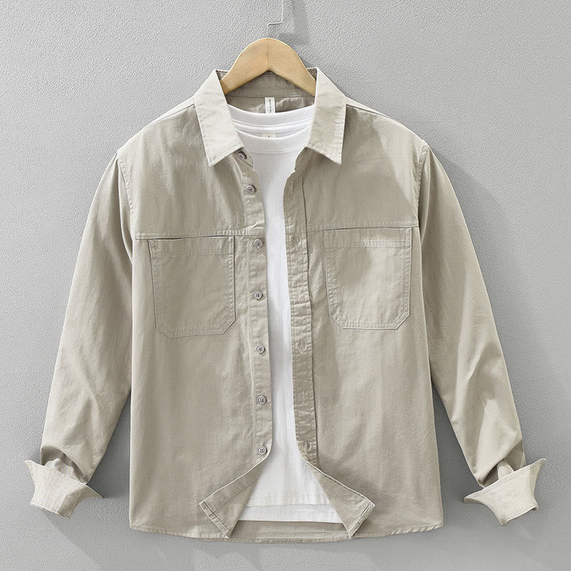Buddha Stones Daily Plain Buttons Design Men's Long Sleeve Pure Cotton Shirt With Pockets - Tan - US/UK/AU42,EU52 (3XL) - image 0