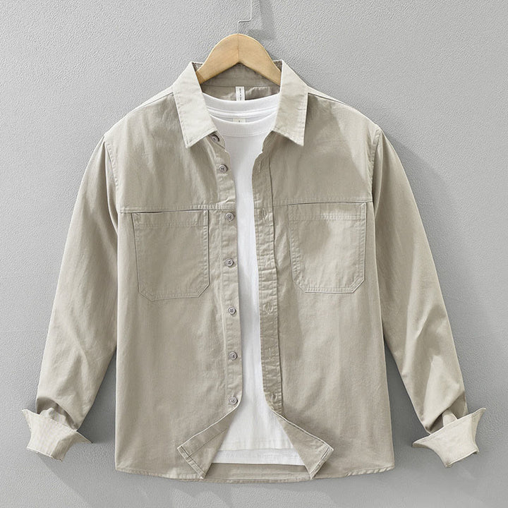 Buddha Stones Daily Plain Buttons Design Men's Long Sleeve Pure Cotton Shirt With Pockets - Tan - US/UK/AU42,EU52 (3XL) - image 0