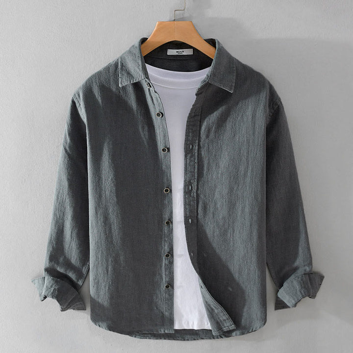 Buddha Stones Men's Pure Color Lapel Buttons Simple Design Ramie Cotton Long Sleeve Shirt - SlateGray - US/UK/AU42,EU52 (3XL) - image 5