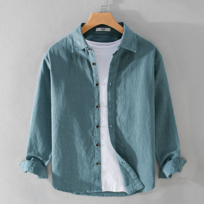Buddha Stones Men's Pure Color Lapel Buttons Simple Design Ramie Cotton Long Sleeve Shirt - LightSeaGreen - US/UK/AU42,EU52 (3XL) - image 14