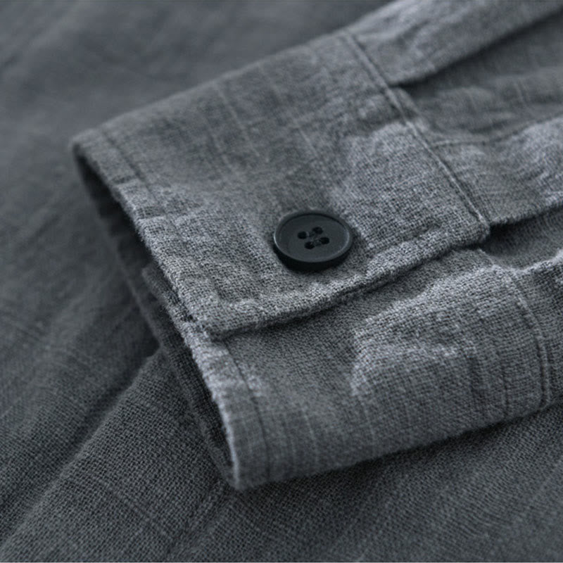 Buddha Stones Men's Fall Plain Ramie Cotton Long Sleeve Lapel Shirt With Pockets - image 10