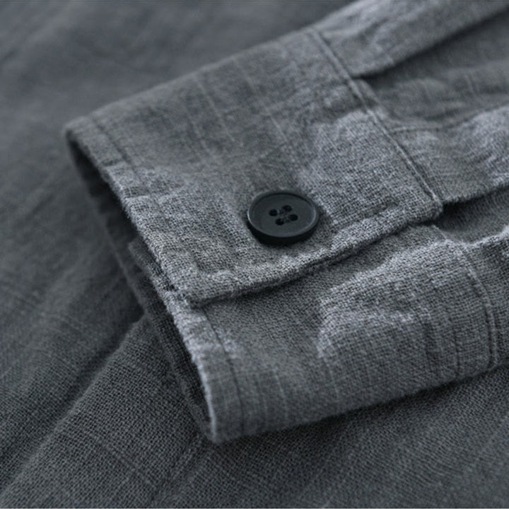 Buddha Stones Men's Fall Plain Ramie Cotton Long Sleeve Lapel Shirt With Pockets - image 10