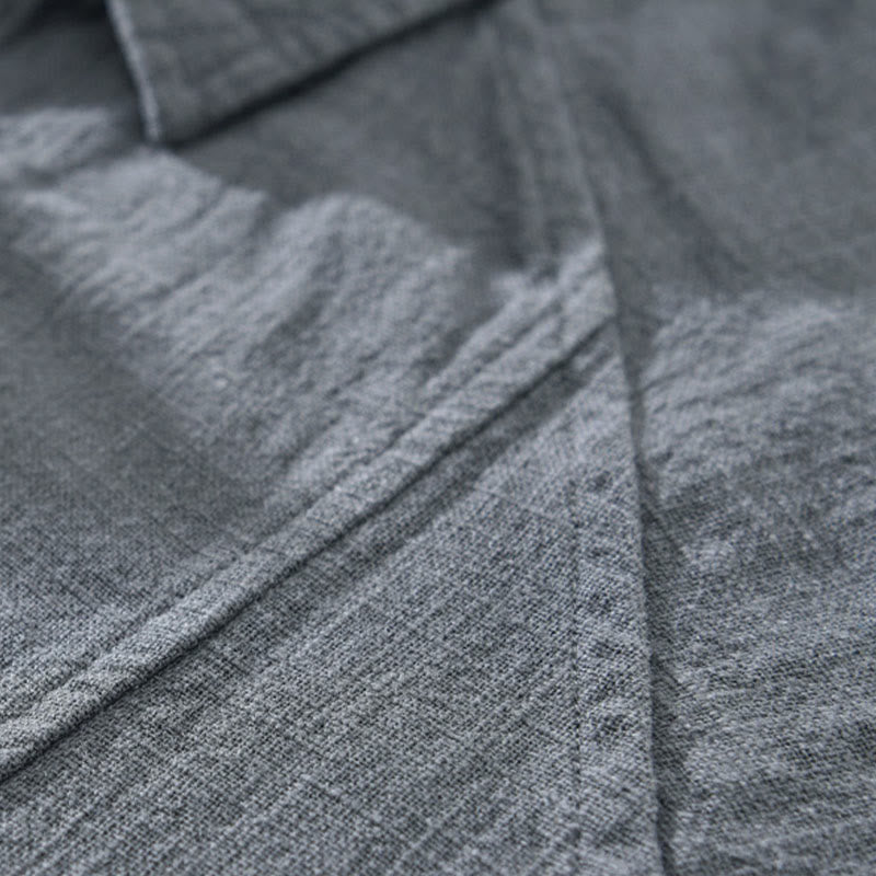 Buddha Stones Men's Fall Plain Ramie Cotton Long Sleeve Lapel Shirt With Pockets - image 8