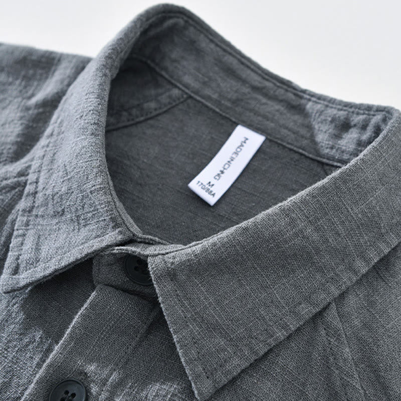 Buddha Stones Men's Fall Plain Ramie Cotton Long Sleeve Lapel Shirt With Pockets - image 7