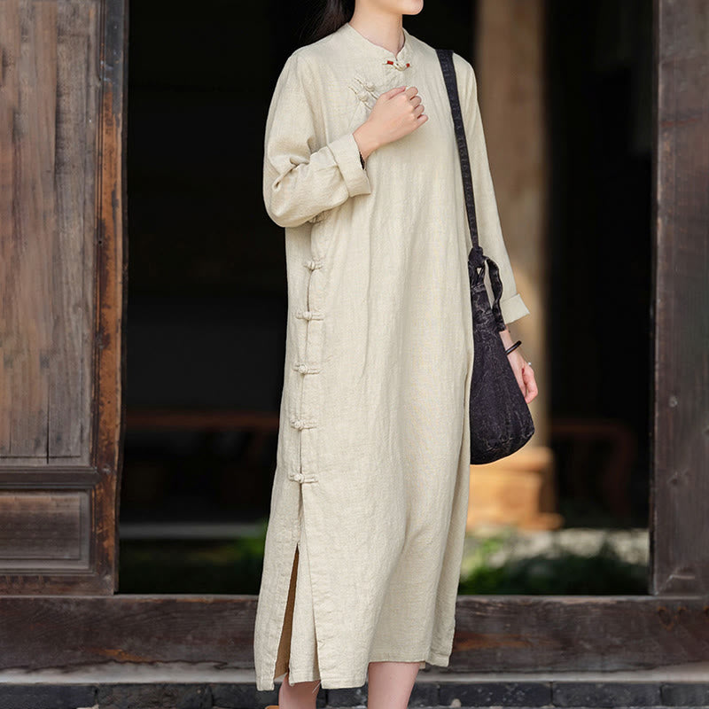 Buddha Stones Fall Plain Chinese Frog-Button Design Cotton Linen Long Sleeve Midi Dress With Pockets - Linen - US8-10,UK/AU12-14,EU40-42 (2XL) - image 0