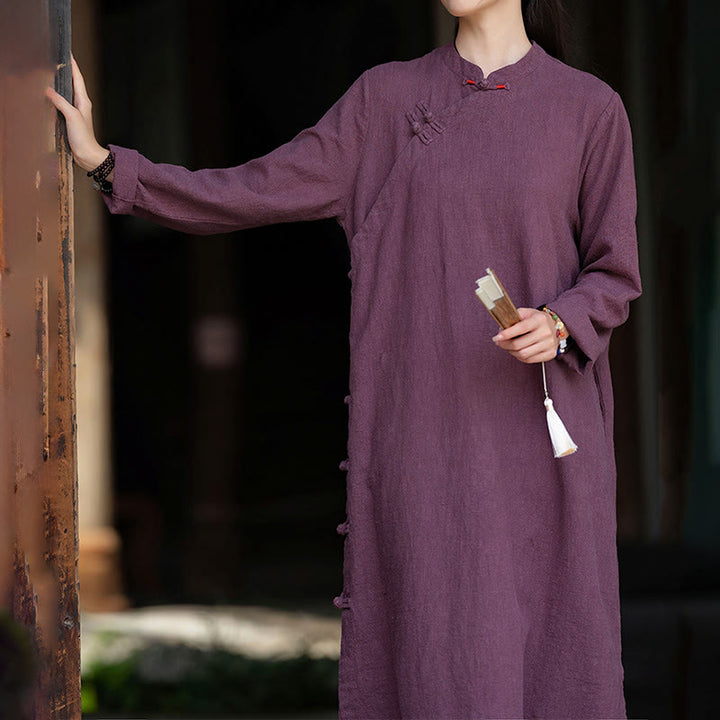 Buddha Stones Fall Plain Chinese Frog-Button Design Cotton Linen Long Sleeve Midi Dress With Pockets - image 12