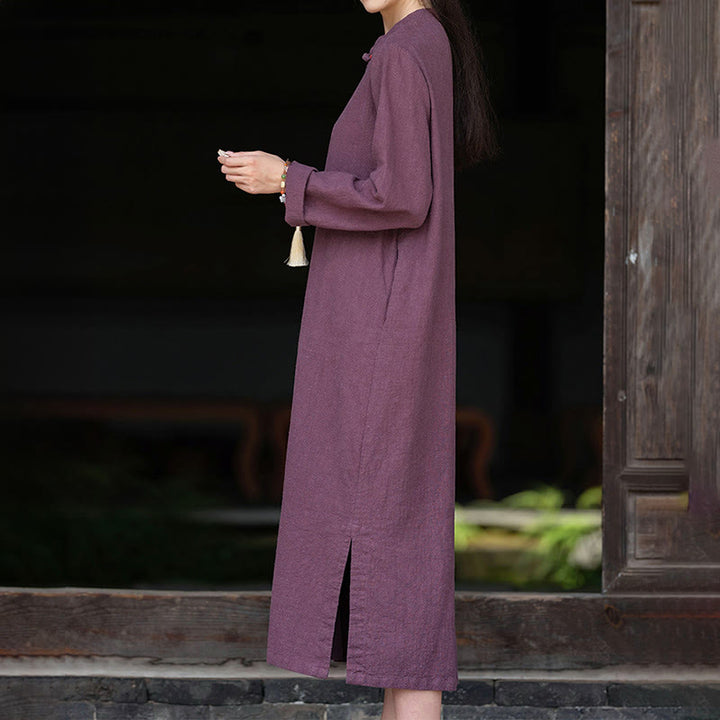 Buddha Stones Fall Plain Chinese Frog-Button Design Cotton Linen Long Sleeve Midi Dress With Pockets - image 11