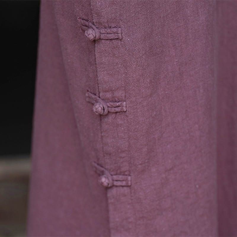 Buddha Stones Fall Plain Chinese Frog-Button Design Cotton Linen Long Sleeve Midi Dress With Pockets - image 15