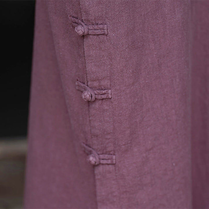 Buddha Stones Fall Plain Chinese Frog-Button Design Cotton Linen Long Sleeve Midi Dress With Pockets - image 15