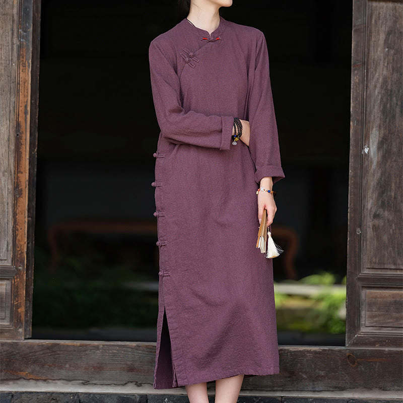 Buddha Stones Fall Plain Chinese Frog-Button Design Cotton Linen Long Sleeve Midi Dress With Pockets - image 9