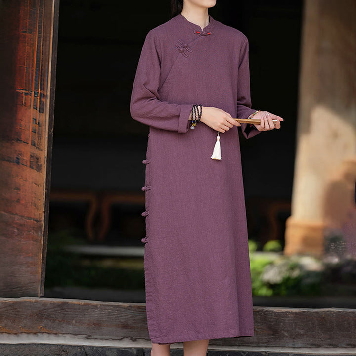 Buddha Stones Fall Plain Chinese Frog-Button Design Cotton Linen Long Sleeve Midi Dress With Pockets - image 8
