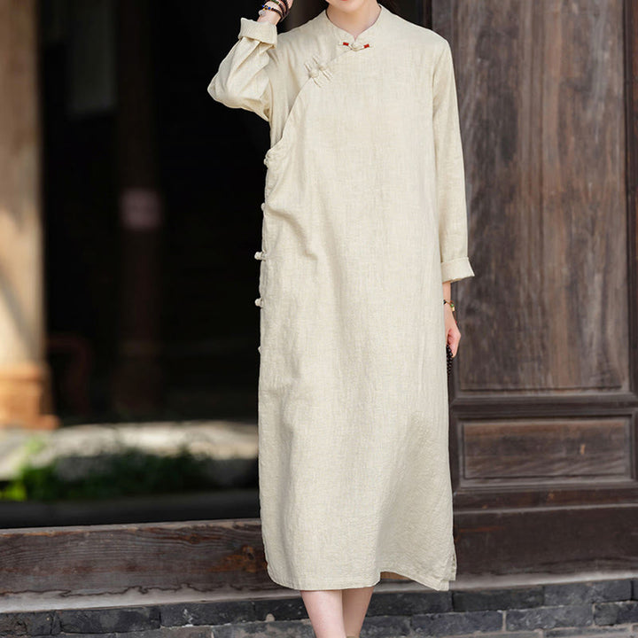 Buddha Stones Fall Plain Chinese Frog-Button Design Cotton Linen Long Sleeve Midi Dress With Pockets - image 5