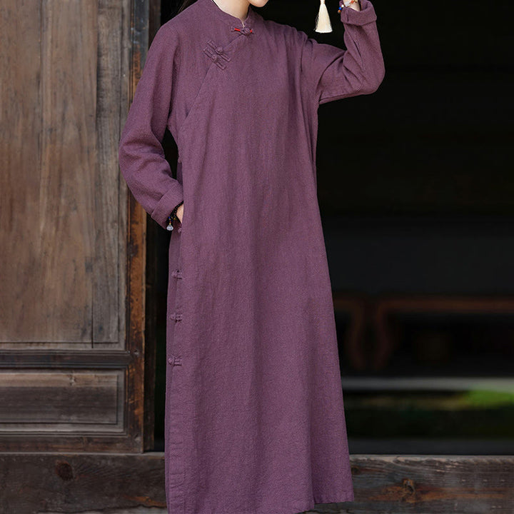 Buddha Stones Fall Plain Chinese Frog-Button Design Cotton Linen Long Sleeve Midi Dress With Pockets - image 13