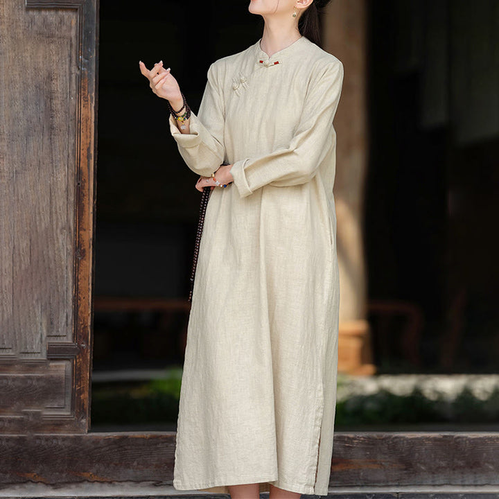 Buddha Stones Fall Plain Chinese Frog-Button Design Cotton Linen Long Sleeve Midi Dress With Pockets - image 4