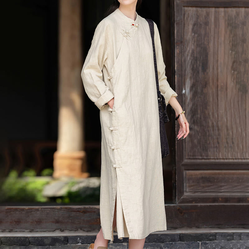 Buddha Stones Fall Plain Chinese Frog-Button Design Cotton Linen Long Sleeve Midi Dress With Pockets - image 2
